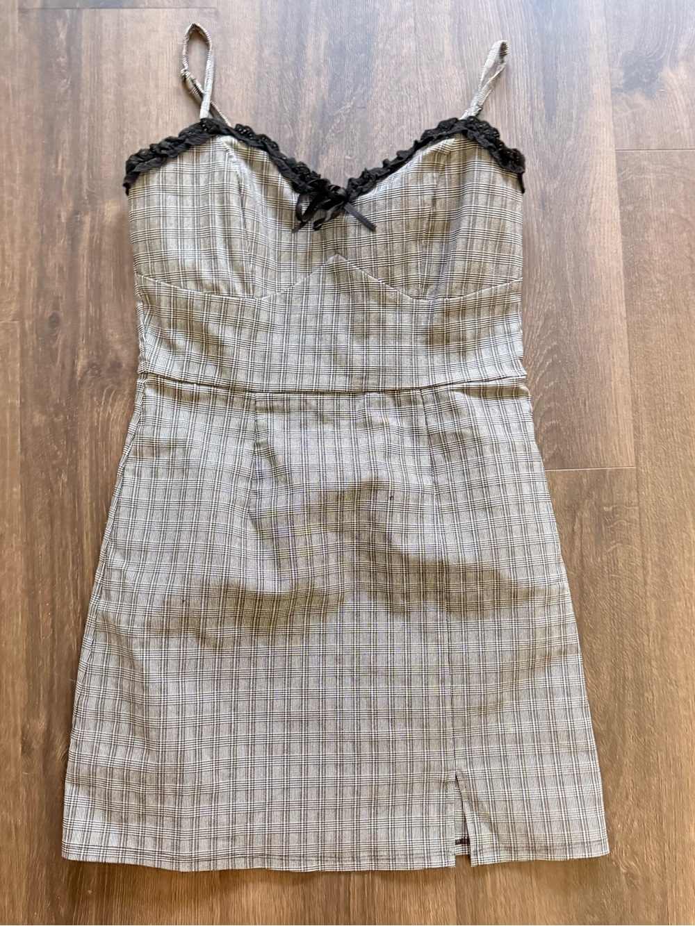Altar'd State Plaid Mini Slip Dress with Black Lace Trim
